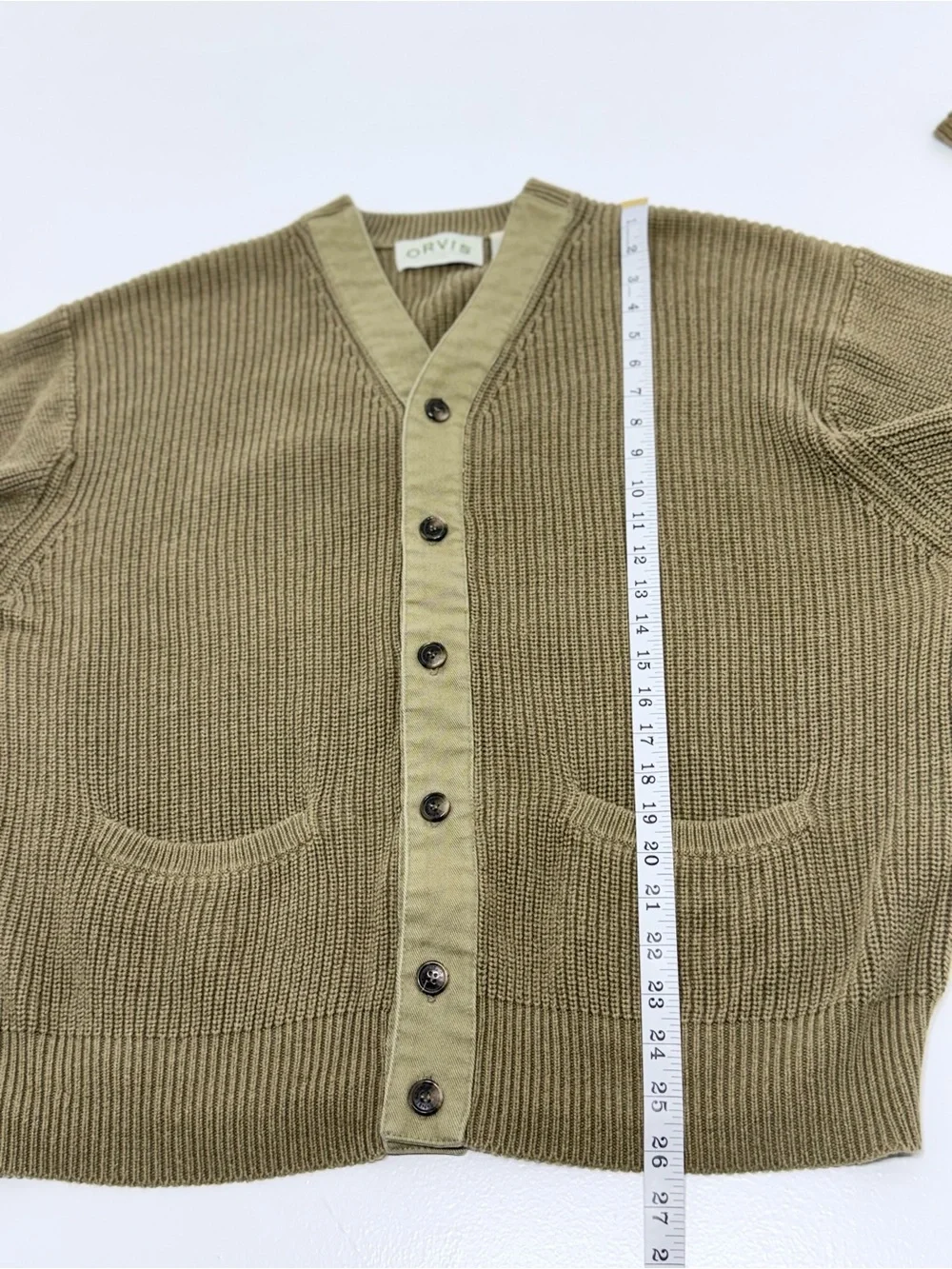 Orvis Men L Olive 100% Cotton V-Neck Rib Knit Cardigan Elbow Patch Button Front